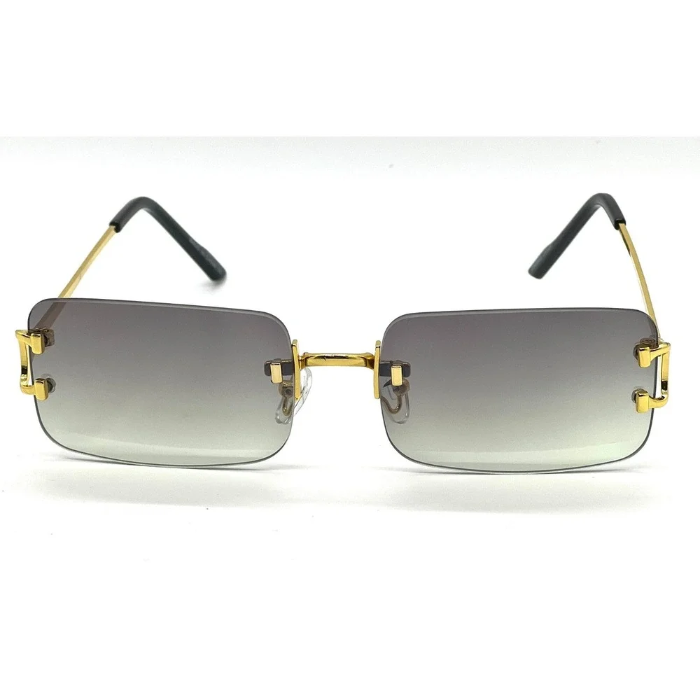 Rimless Rectangle Sunglasses Gold Frame Green Lens Fashion Shades Men Street New
